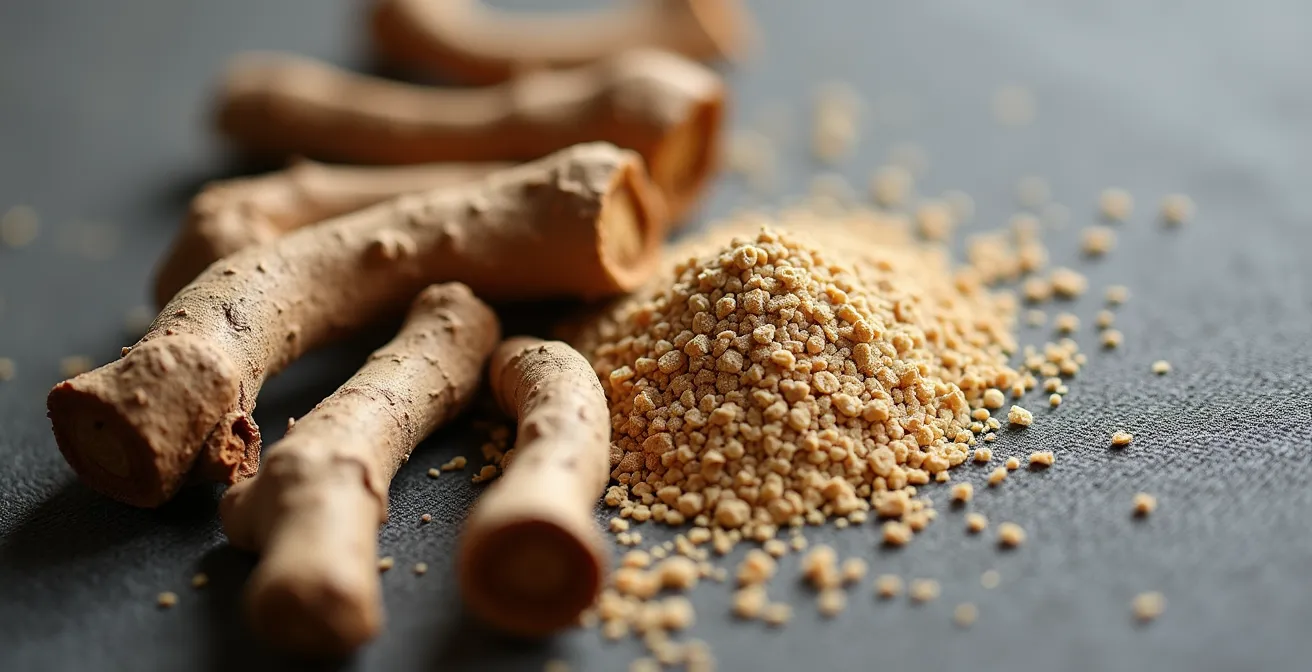 Makroaufnahme von Ashwagandha-Wurzeln neben Meditationskissen