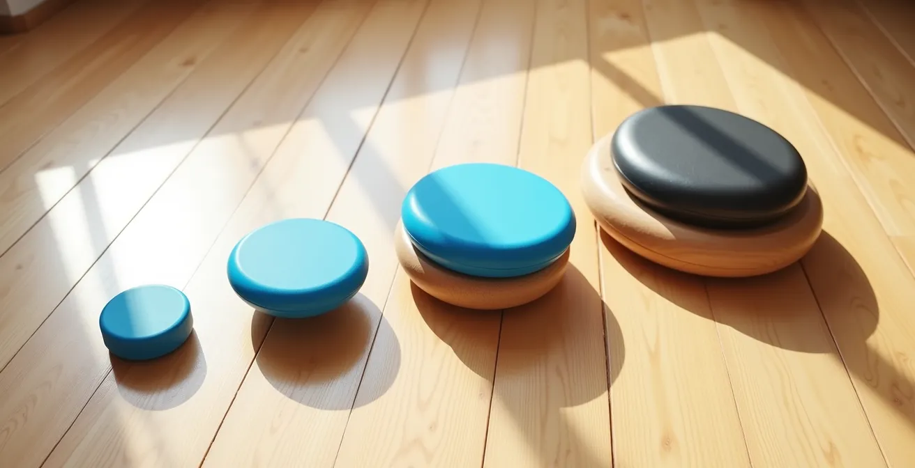 Balance-Pad, Therapiekissen und Therapiekreisel nebeneinander auf Holzboden