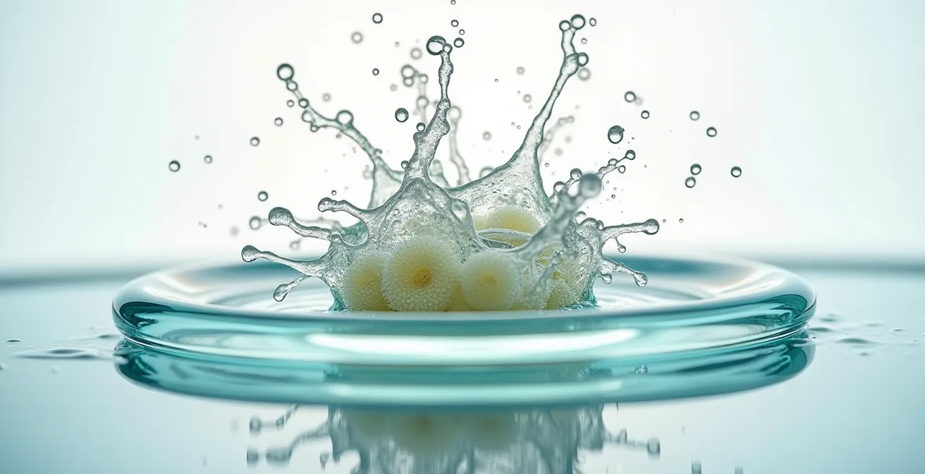 Makroaufnahme eines zusammengedrückten Schwamms mit Wassertropfen, der die Dehydrierung einer Bandscheibe beim Sitzen symbolisiert.