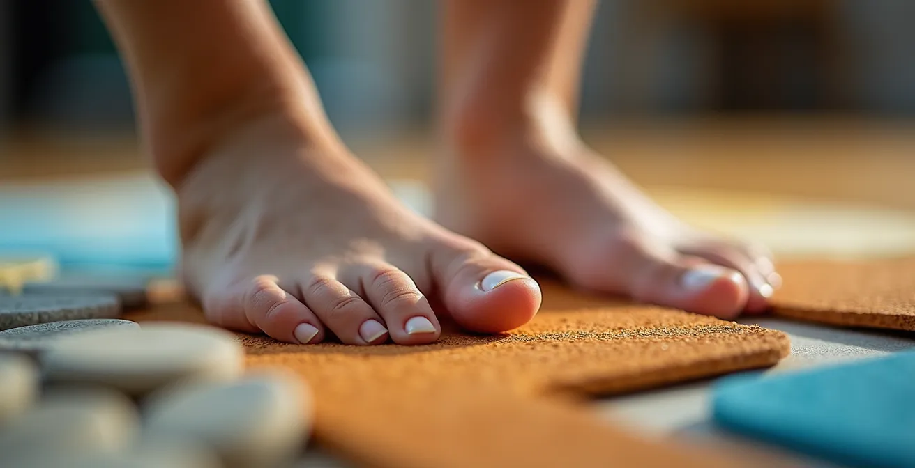 Nahaufnahme eines Seniorenfusses auf texturierter Trainingsmatte