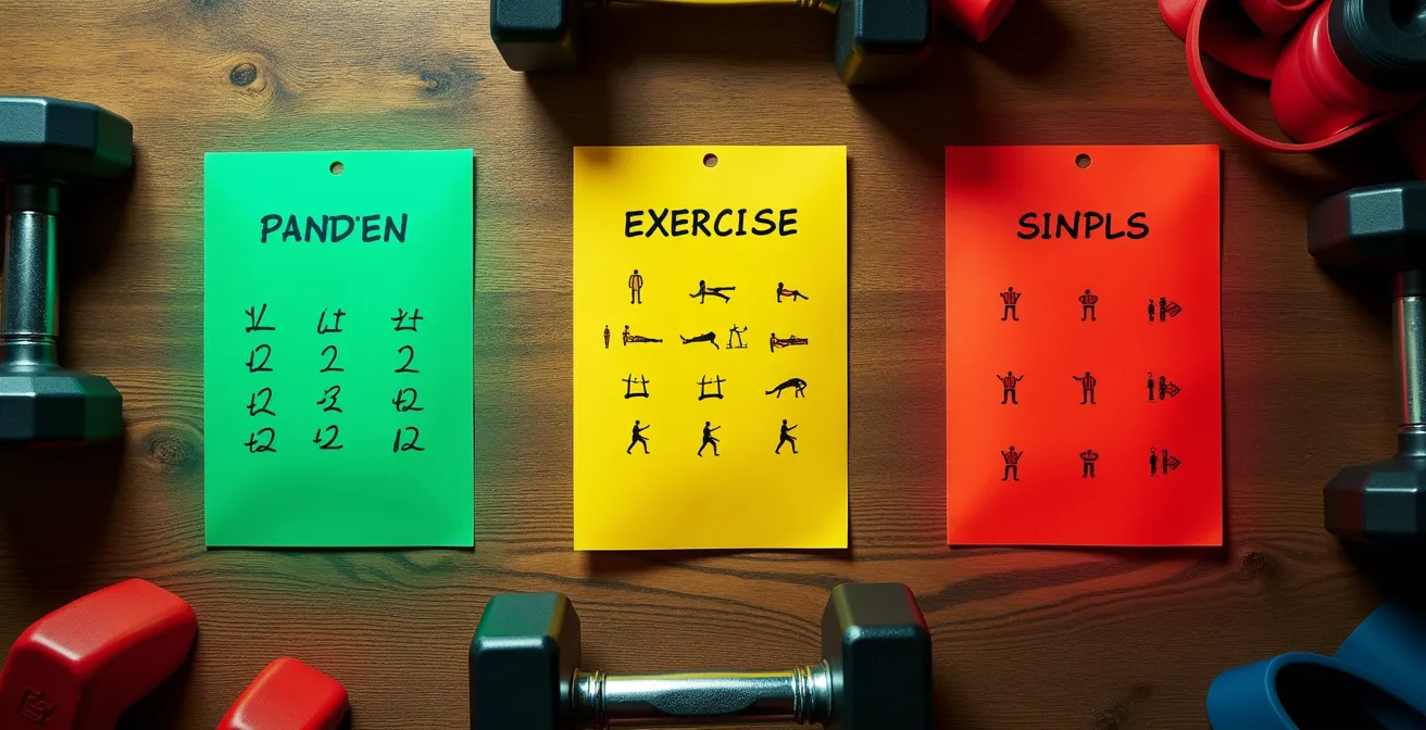 Trainingsplan mit farbcodierten Übungsvarianten auf Holztisch