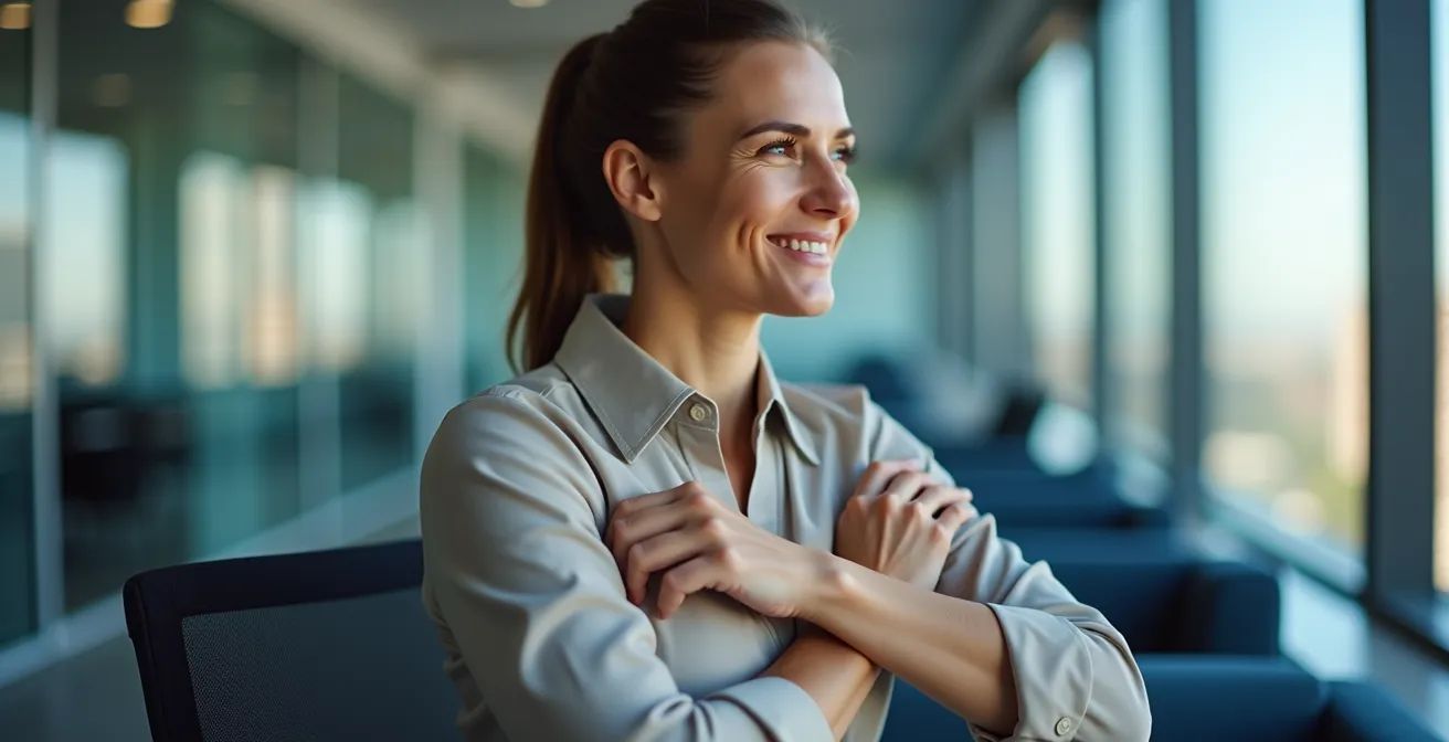 Person demonstriert Brügger-Haltungsübung im Bürostuhl
