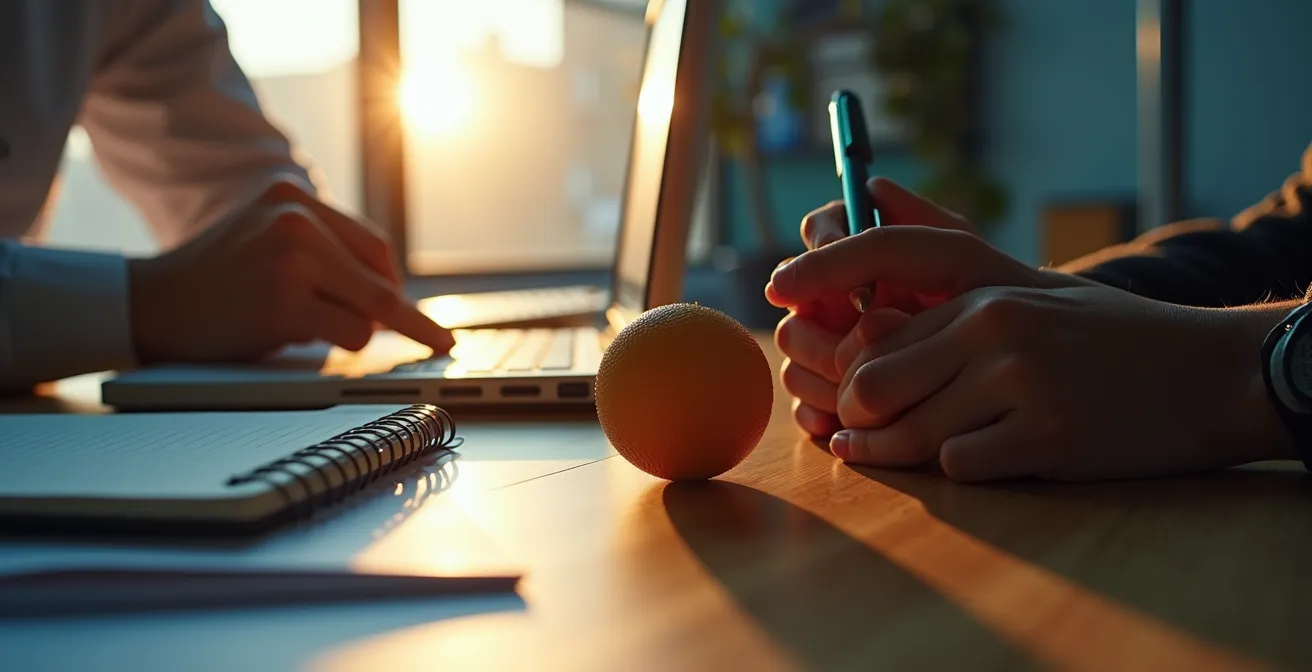 Büroarbeiter löst Nackenverspannungen mit Lacrosse Ball am Arbeitsplatz