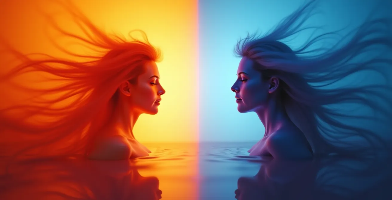 Abstrakte Visualisierung des hormonellen Konflikts zwischen dem aktivierenden Cortisol (warme Töne) und dem beruhigenden Melatonin (kühle Töne).