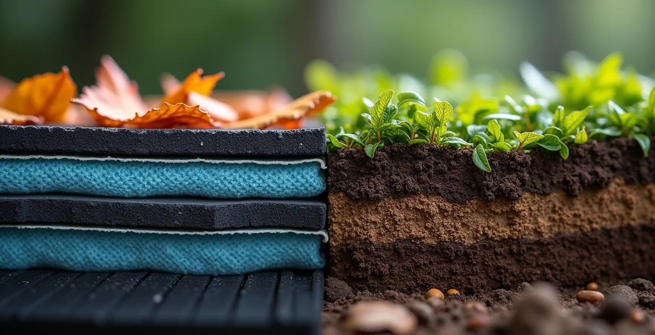 Querschnitt-Vergleich der Dämpfungssysteme von Laufband und Waldboden, der die künstlichen Schichten des Laufbands neben den organischen Schichten des Waldbodens zeigt.
