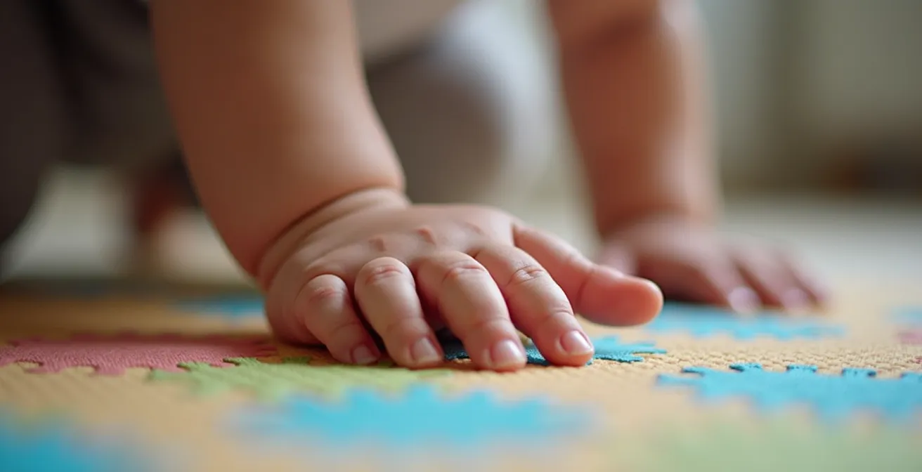 Vater und Kleinkind krabbeln gemeinsam im Bärengang durch das Kinderzimmer