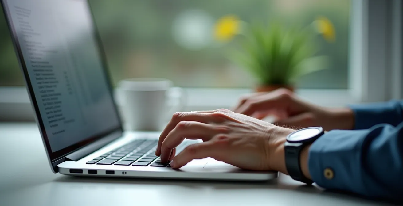 Hände tippen auf Laptop mit unscharfer Tabellenansicht im Hintergrund