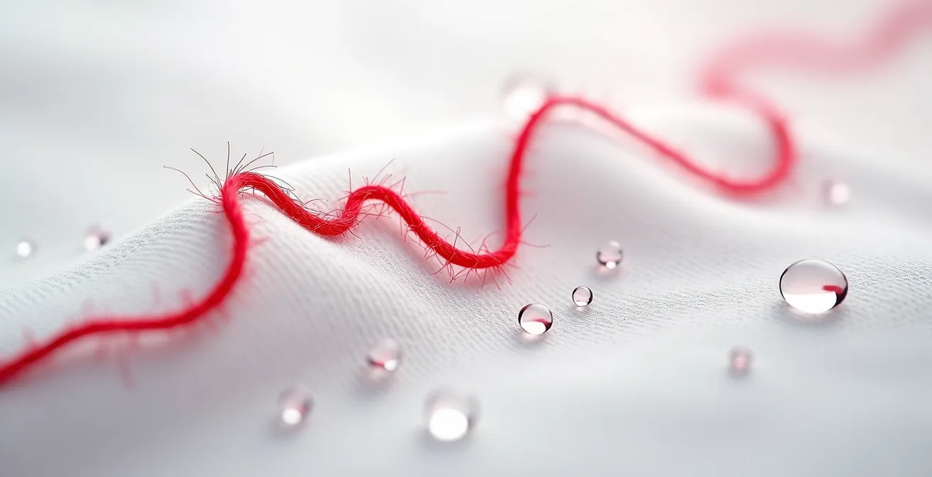 Abstrakte Nahaufnahme eines roten Fadens, der Wellenmuster auf weissem Stoff bildet und die Analyse von Herzfrequenzdaten symbolisiert.