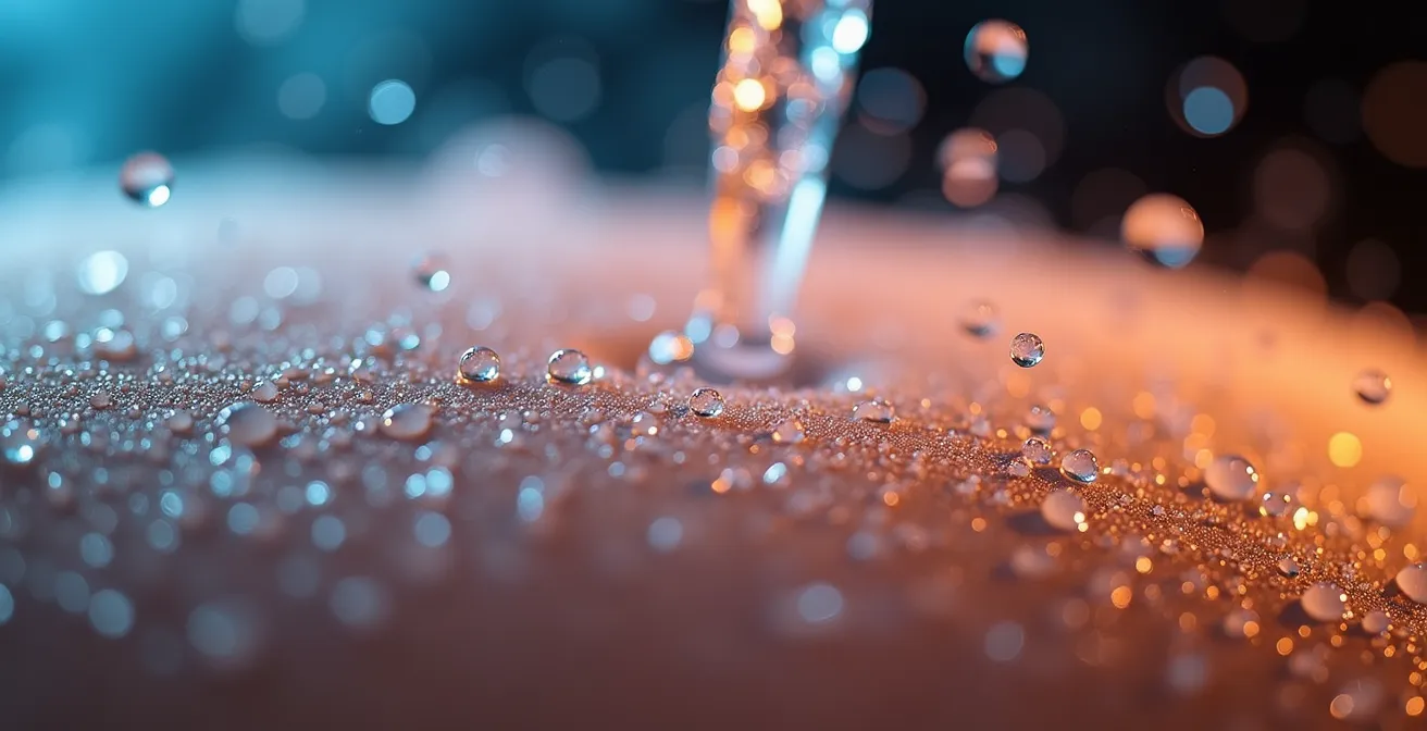 Detailaufnahme von Wassertropfen auf der Haut während einer Wechseldusche, die den Temperaturkontrast visualisiert.