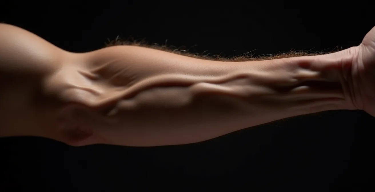 Detailaufnahme von Muskelfasern unter Belastung, die die strukturelle Anpassung an Trainingsreize symbolisieren.