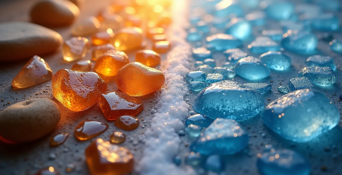 Abstrakte Darstellung von Hitze und Kälte durch glühende Steine und Eiskristalle, die den Kontrast der Therapien symbolisieren.