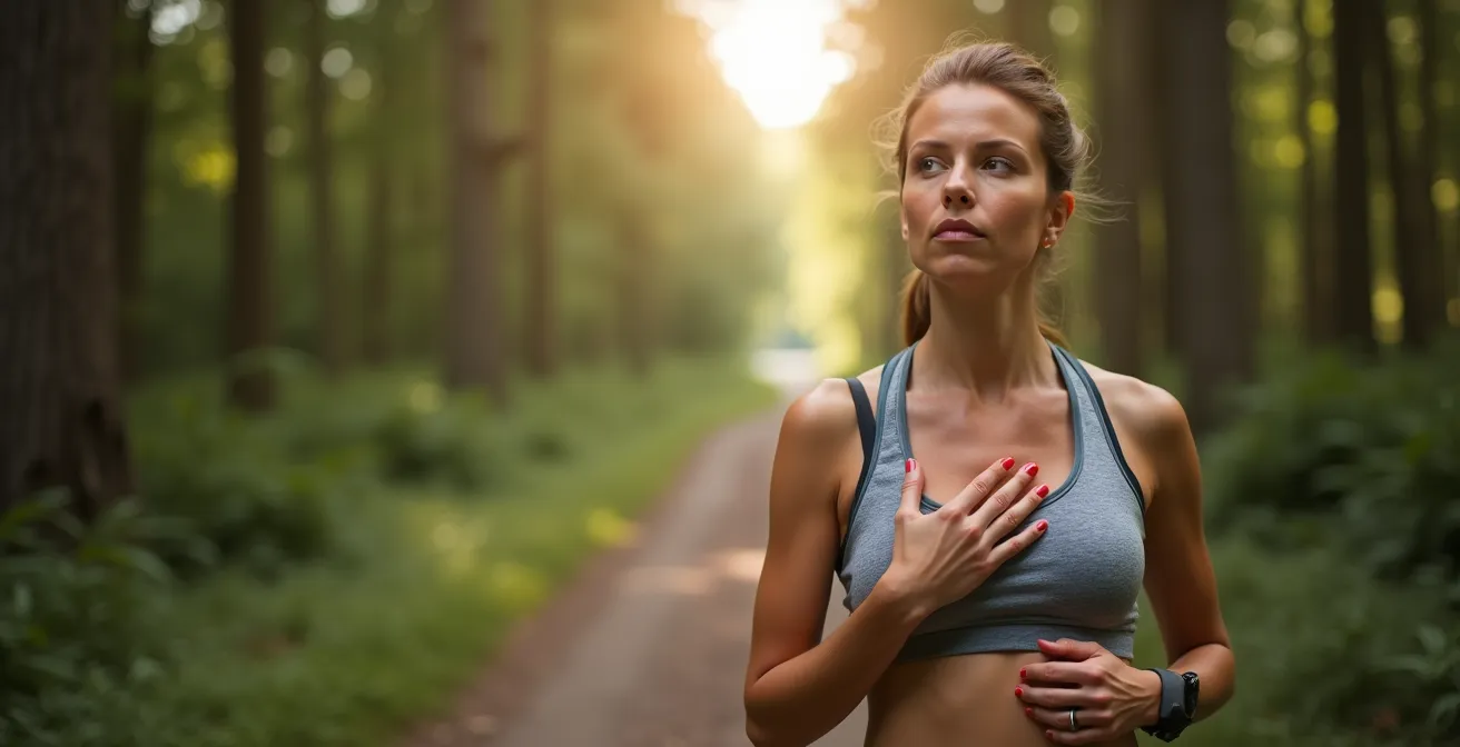 Läuferin überprüft ihre Belastungsintensität während des Trainings im Wald