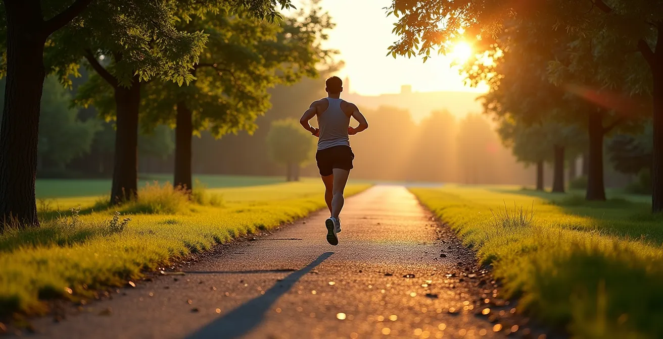 Fortgeschrittener Läufer beim langen Dauerlauf im deutschen Stadtpark
