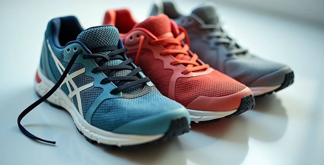 Nahaufnahme verschiedener Abnutzungsmuster an Laufschuhsohlen, die Überpronation und Supination zeigen