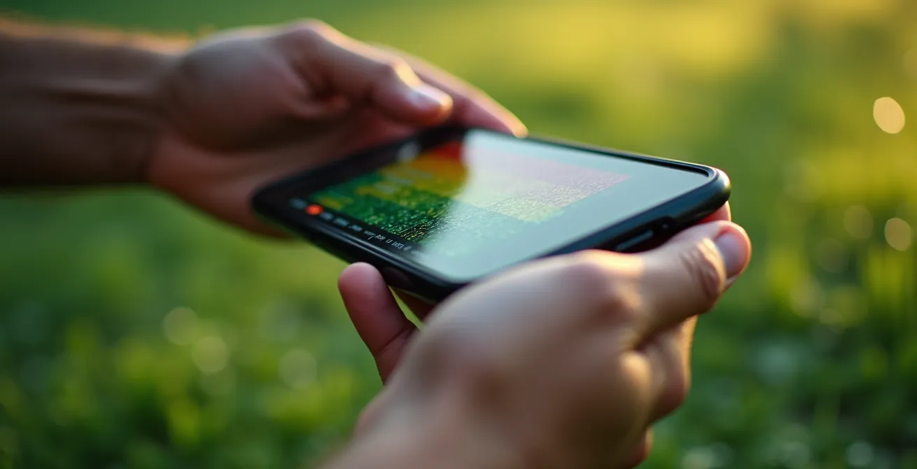 Nahaufnahme einer Hand mit Smartphone zeigt Luftqualitätsdaten im Park