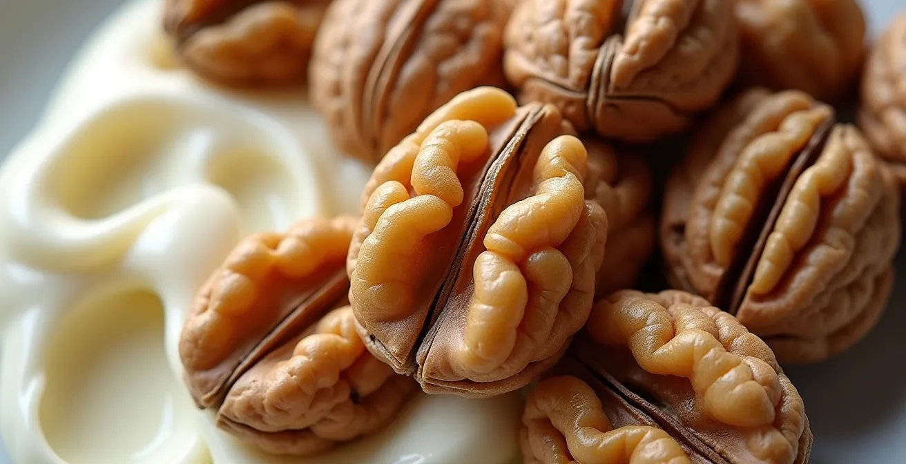 Eine appetitliche Makroaufnahme von cremiger Quark-Textur, garniert mit ganzen Walnüssen, die die natürlichen Inhaltsstoffe hervorhebt.