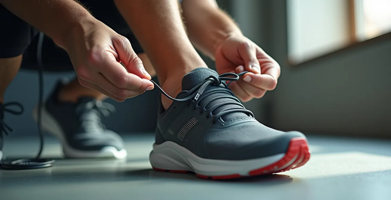 Detailaufnahme der Fersenschloss-Schnürtechnik an einem Laufschuh, die den Fuss sicher fixiert