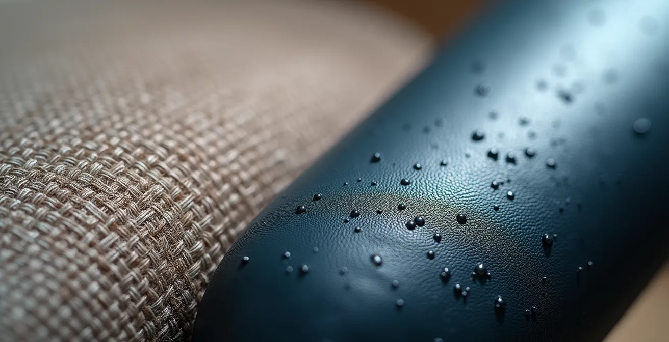 Makroaufnahme zeigt Unterschied zwischen atmungsaktivem Mesh-Gewebe und Kunstleder bei Bürostühlen