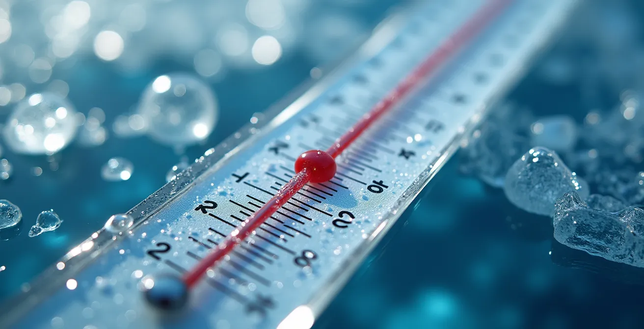 Makroaufnahme eines Thermometers im eiskalten Wasser mit Eiskristallen, das 4°C anzeigt