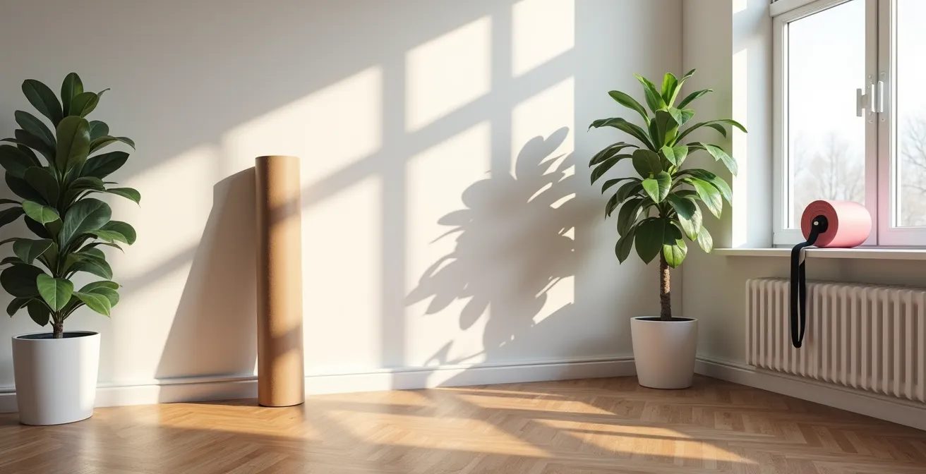 Ein aufgeräumtes Wohnzimmer in Deutschland, in dem eine Yogamatte, eine Faszienrolle und Widerstandsbänder platzsparend arrangiert sind.