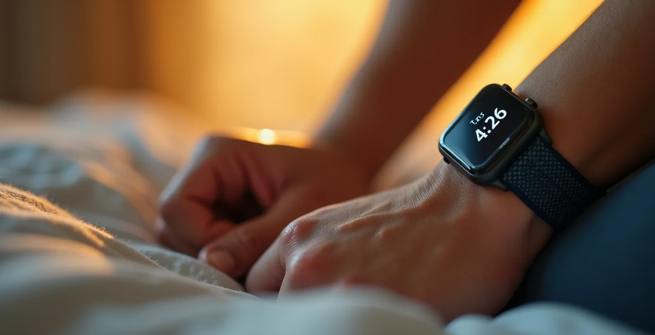 Nahaufnahme eines Athleten, der am Morgen seinen Ruhepuls mit einem Fitness-Tracker am Handgelenk misst.