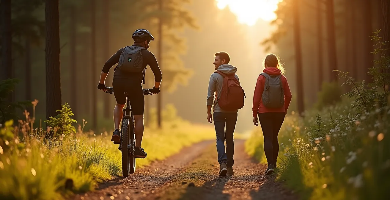 Respektvolle Begegnung zwischen Mountainbiker und Wanderern auf schmalem Waldpfad