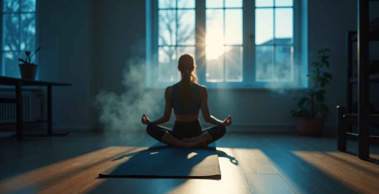 Entspannungsritual nach Abendtraining mit Atemtechniken in einem minimalistischen, ruhig beleuchteten Raum.