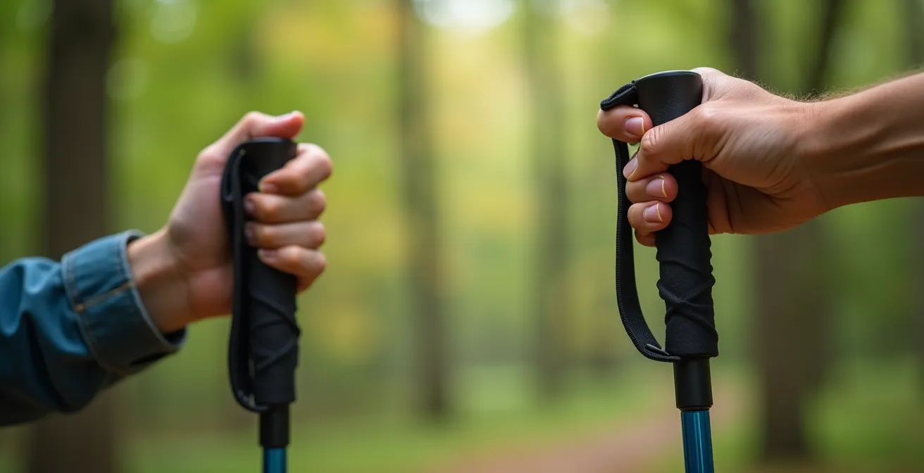 Detailansicht der korrekten Nordic Walking Stockhaltung und Armtechnik