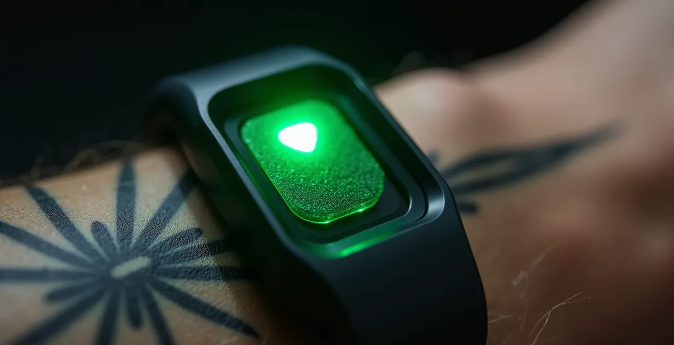Nahaufnahme eines Fitness-Trackers auf tätowierter Haut mit grünem LED-Licht, das die Messproblematik illustriert.