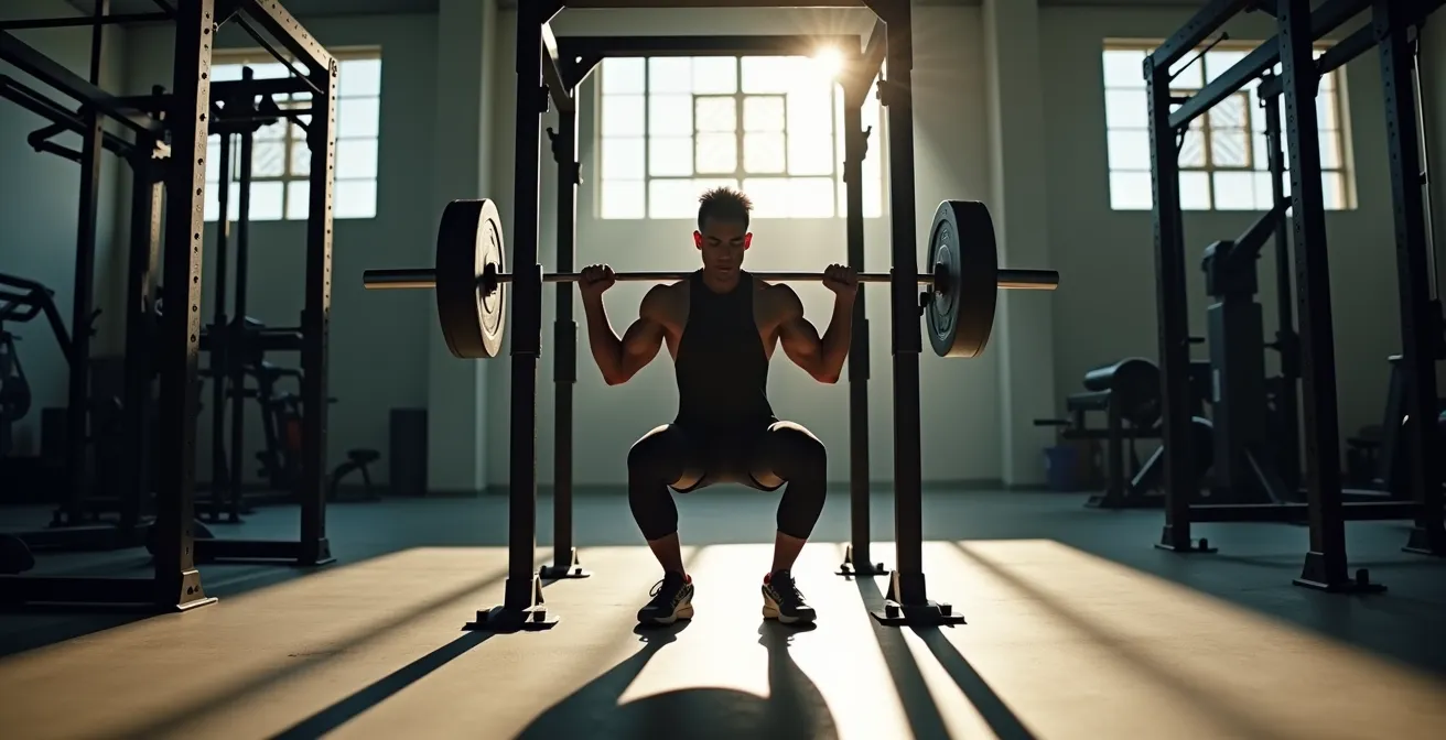 Kraftsportler im Power Rack mit Sicherheitsstreben bei schwerer Kniebeuge