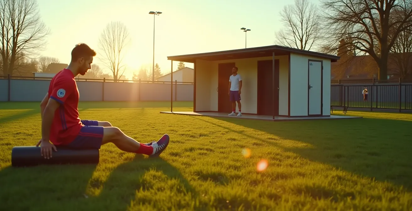 Amateurfussballer bei der Regeneration mit Faszienrolle und Kontrastdusche auf einem einfachen Vereinsgelände.