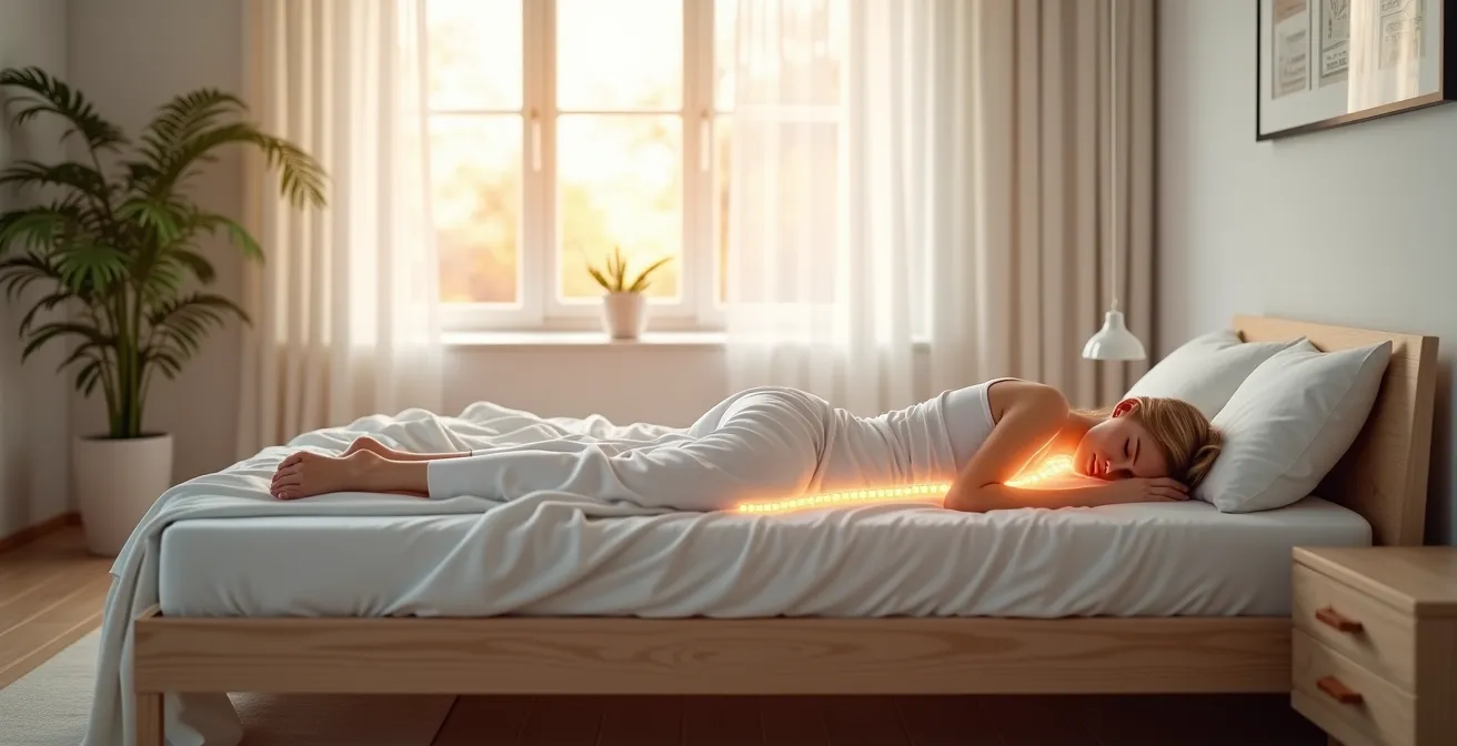 Seitliche Ansicht einer Person, die auf einer Matratze schläft, mit einer überlagerten Grafik, die die korrekte, gerade Ausrichtung der Wirbelsäule zeigt.