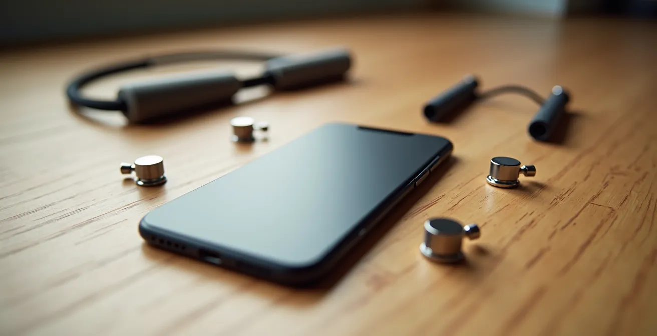 Ein Smartphone, das auf einer Holzoberfläche liegt und von kleinen symbolischen Schaltern und Vorhängeschlössern umgeben ist, die App-Berechtigungen und Datenschutzkontrolle symbolisieren.