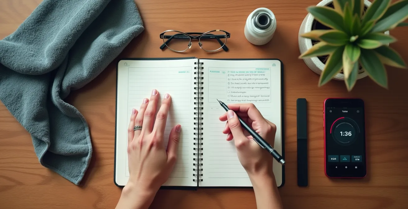 Eine Person schreibt Fortschritte in ein Trainingstagebuch, das auf einem Tisch neben einem Smartphone liegt.