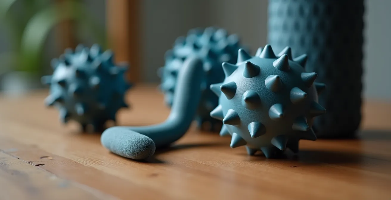 Nahaufnahme verschiedener Triggerpunkt-Massagegeräte auf Holztisch