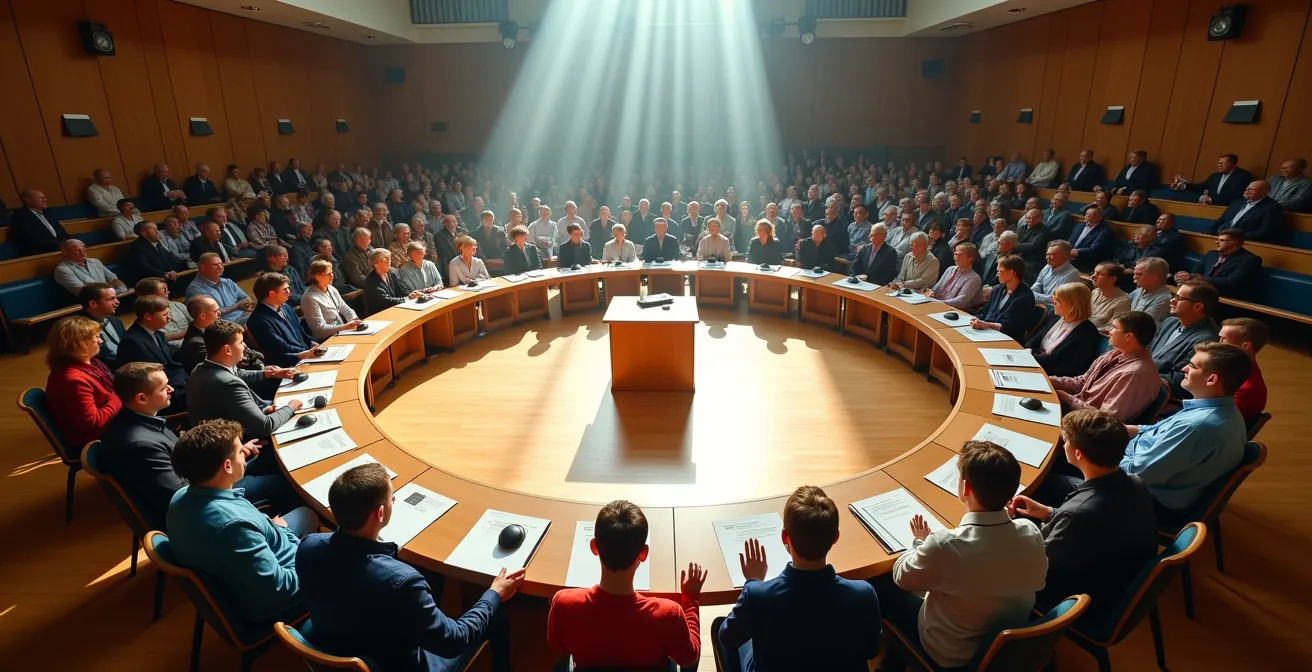 Demokratische Mitbestimmung in deutschen Sportvereinen während einer Mitgliederversammlung.