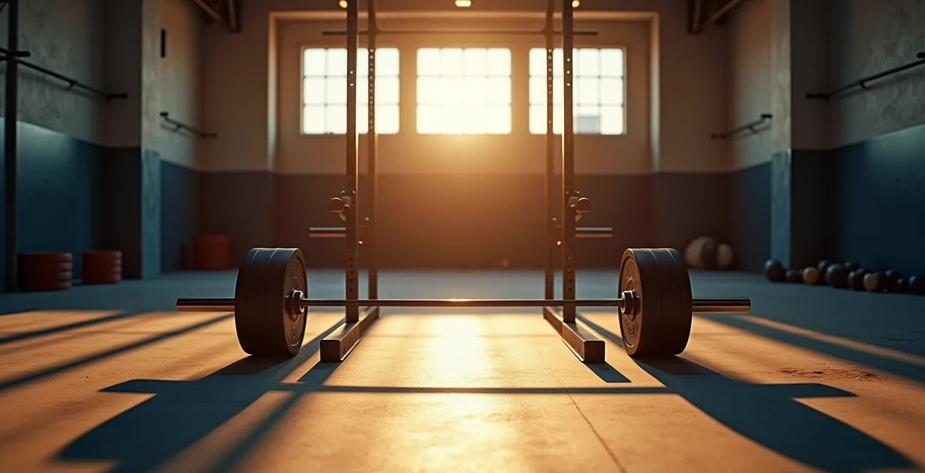 Eine leere Trainingsumgebung mit einer Langhantel im Squat-Rack, die das Risiko von Verletzungen durch falsche Technik symbolisiert.