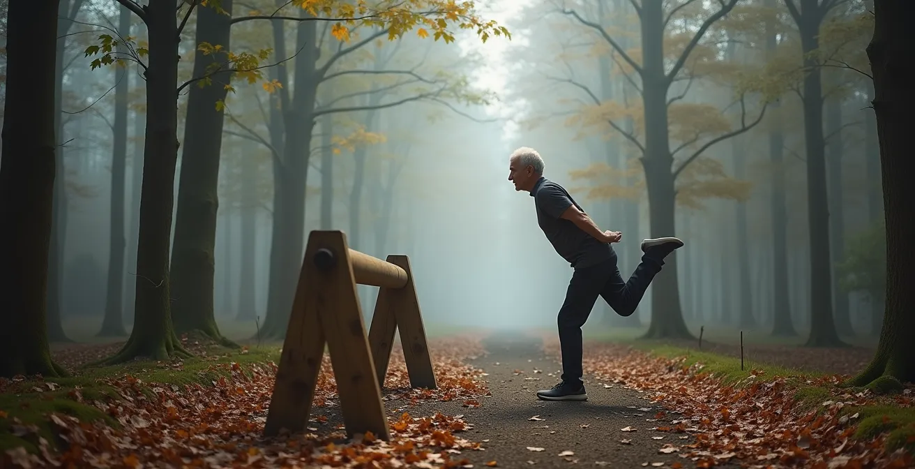 Person macht Dehnübungen an einem Trimm-dich-Pfad im deutschen Wald
