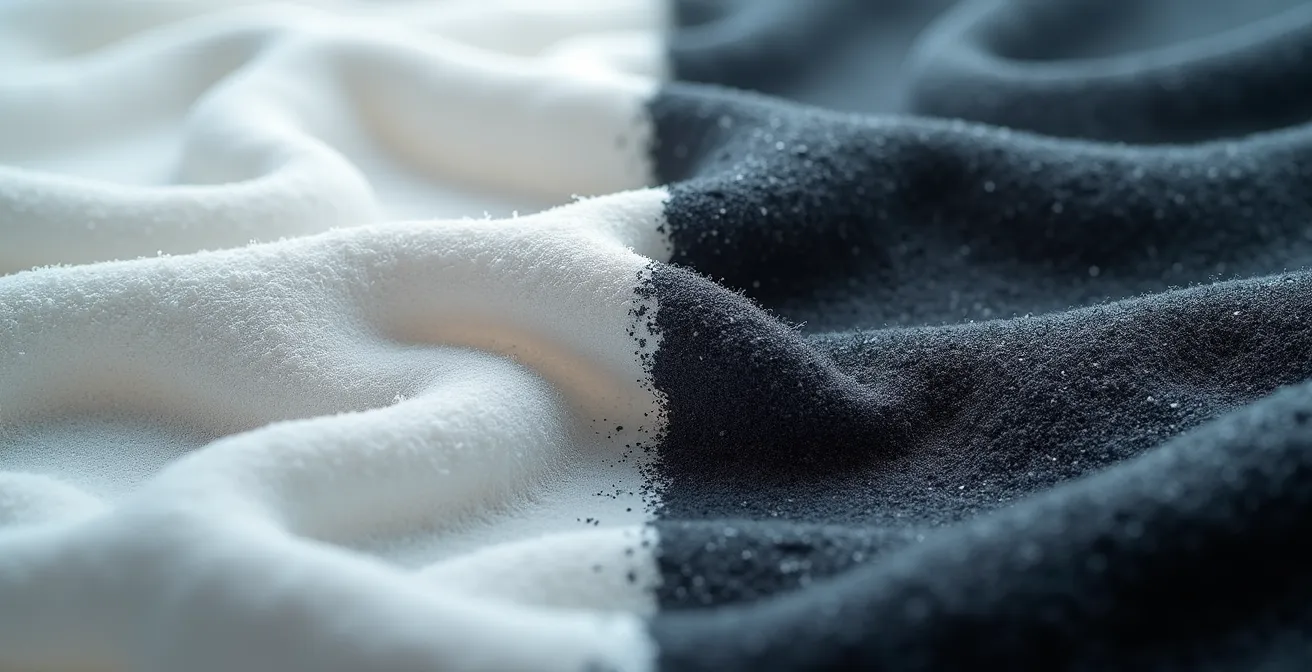 Vergleich von sauberen und mit Weichspüler verstopften Textilfasern im Querschnitt