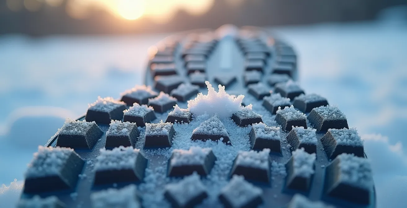 Nahaufnahme einer gefrorenen Schuhsohle als Metapher für das Fundamenttraining im Winter