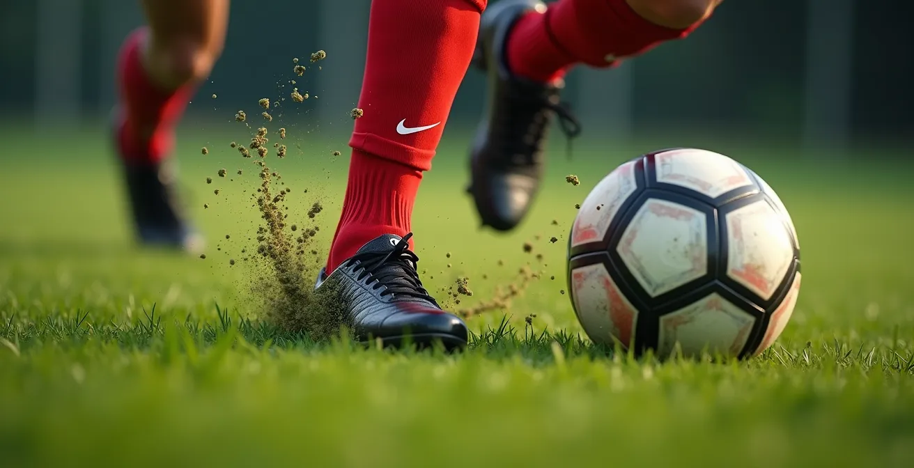 Nahaufnahme einer korrekten Zweikampftechnik, die die angespannte Beinmuskulatur und die Rumpfstabilität beim Kontakt mit dem Ball zeigt.