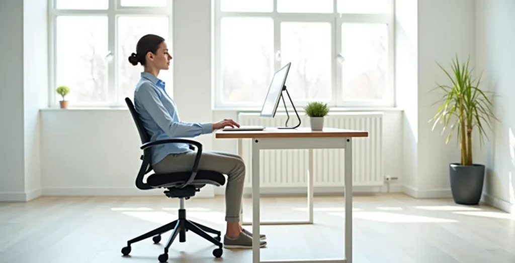 Demonstration der korrekten ergonomischen Sitzposition am Arbeitsplatz mit richtig eingestelltem Bürostuhl Demonstration der korrekten ergonomischen Sitzposition am Arbeitsplatz mit richtig eingestelltem Bürostuhl